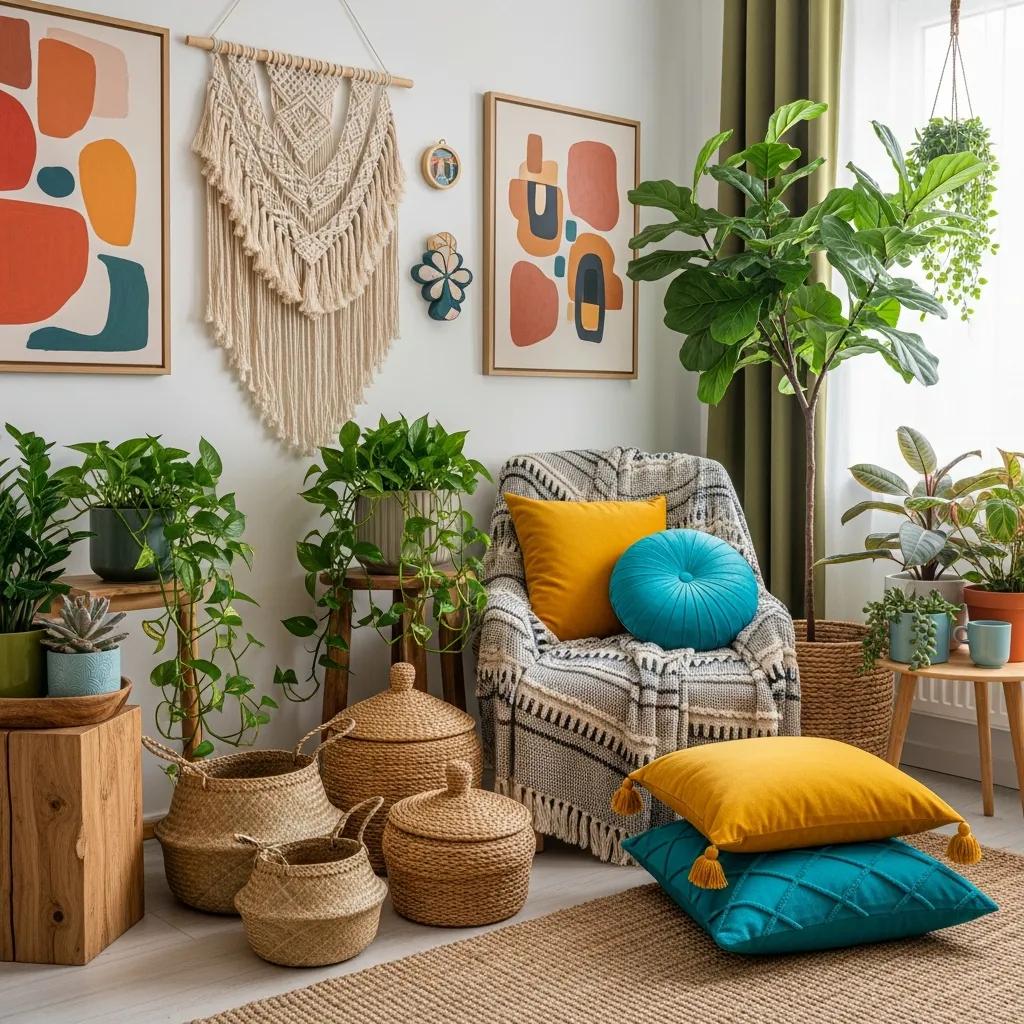 Cozy bohemian home interior with layered textures and vibrant decor