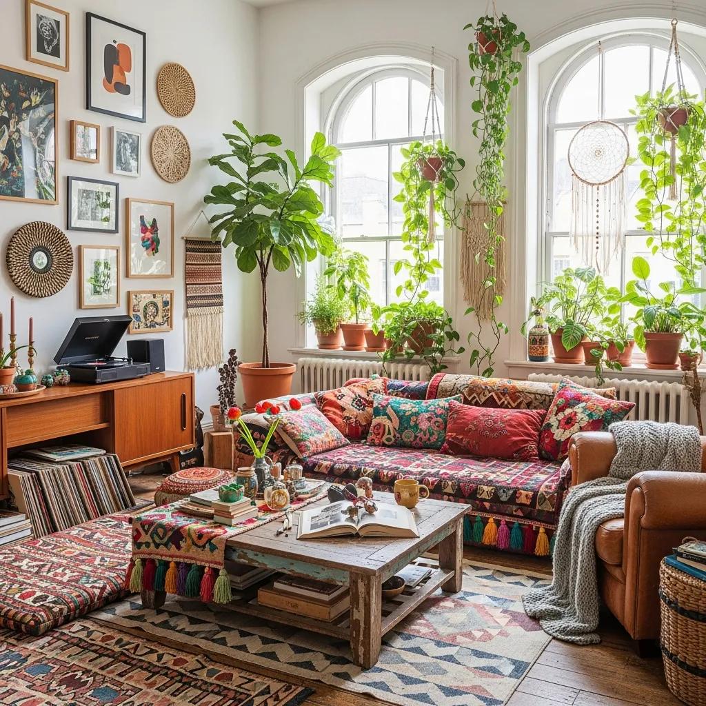 Vibrant modern bohemian living space with colorful textiles and natural light