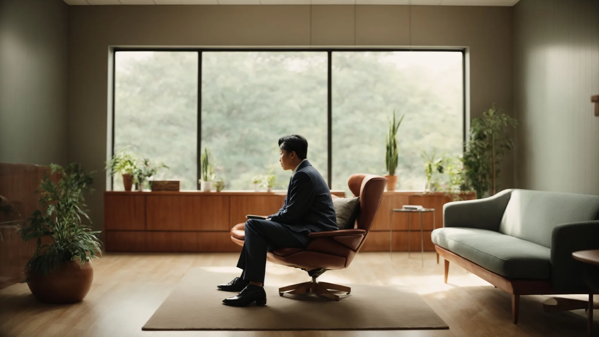 a person sits comfortably in a serene and inviting therapist's office, immersed in a deep conversation.