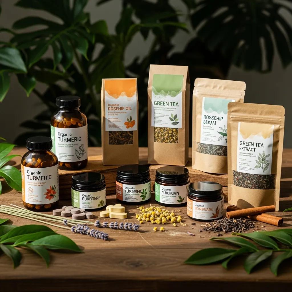 A collection of organic supplements and skincare products displayed on a wooden table with greenery