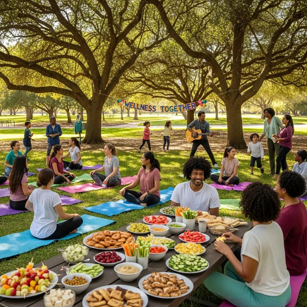 A diverse group of people participating in a wellness workshop outdoors, sharing experiences and practicing yoga