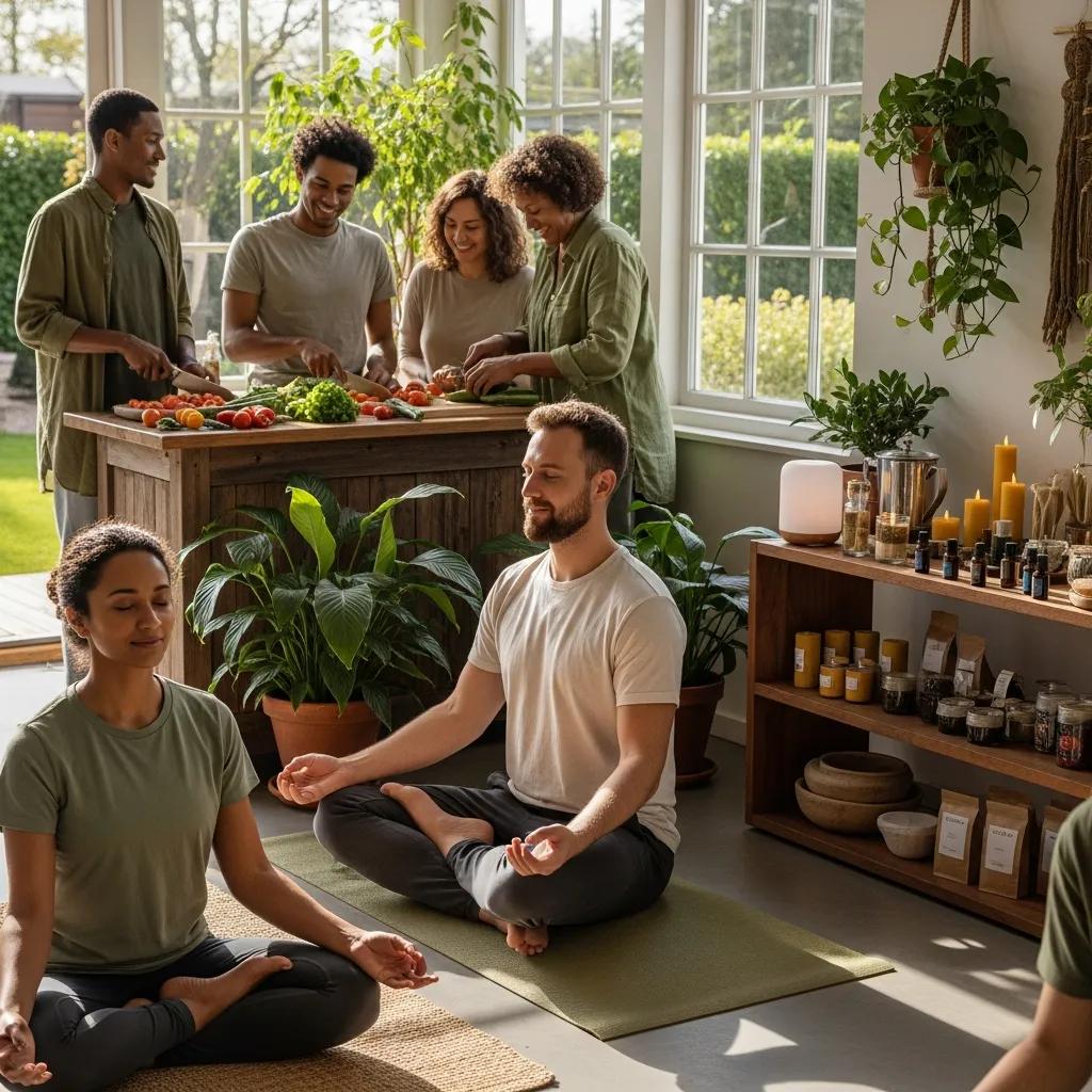 Diverse individuals practicing holistic wellness activities in a bright, natural environment