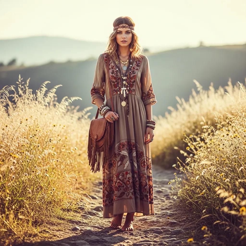 Model showcasing modern boho fashion trends in a natural outdoor setting